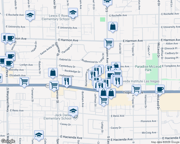 map of restaurants, bars, coffee shops, grocery stores, and more near 2275 Renaissance Drive in Las Vegas