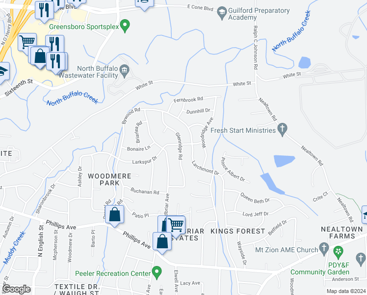 map of restaurants, bars, coffee shops, grocery stores, and more near 2600 Larkspur Drive in Greensboro