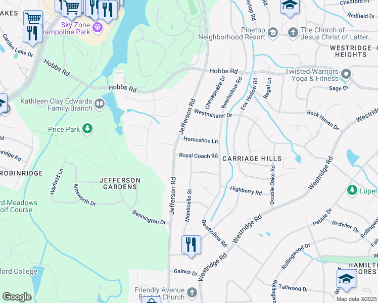 map of restaurants, bars, coffee shops, grocery stores, and more near 1104 Jefferson Road in Greensboro