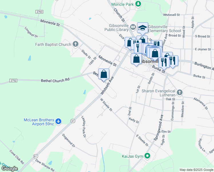 map of restaurants, bars, coffee shops, grocery stores, and more near Whitsett Avenue in Gibsonville