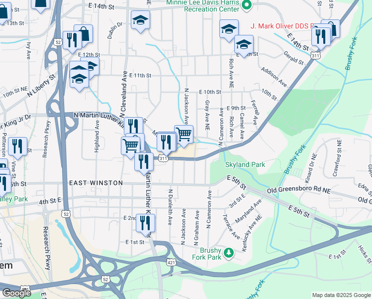 map of restaurants, bars, coffee shops, grocery stores, and more near 1499 New Walkertown Road in Winston-Salem