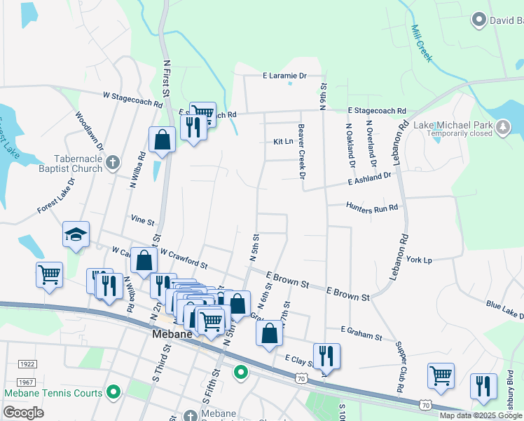 map of restaurants, bars, coffee shops, grocery stores, and more near 203 Dillard Street in Mebane
