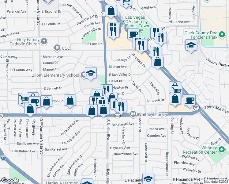 map of restaurants, bars, coffee shops, grocery stores, and more near 5044 East Newton Drive in Las Vegas