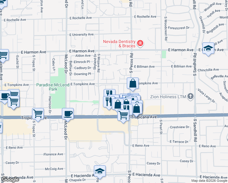 map of restaurants, bars, coffee shops, grocery stores, and more near 4713 East Montara Circle in Las Vegas