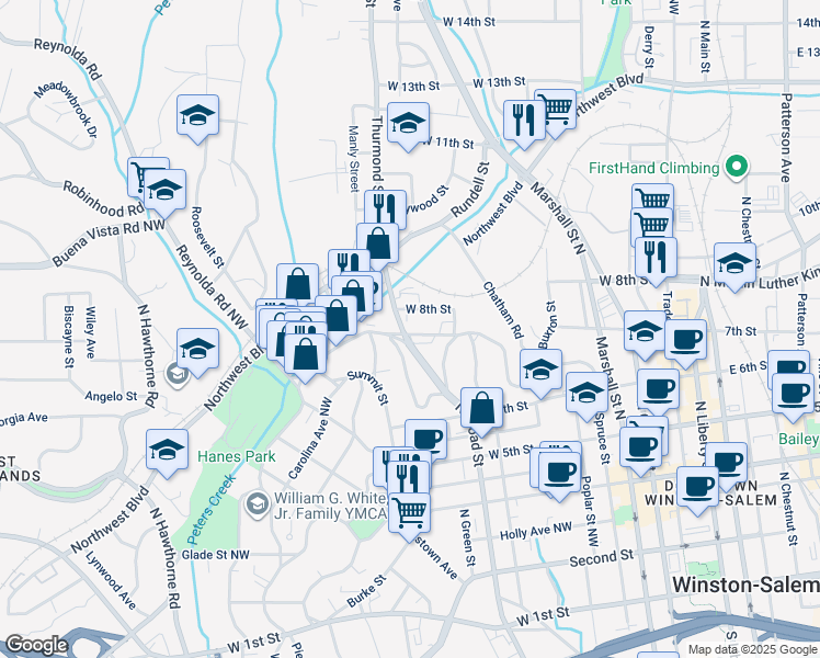 map of restaurants, bars, coffee shops, grocery stores, and more near 837 West 7th Street in Winston-Salem