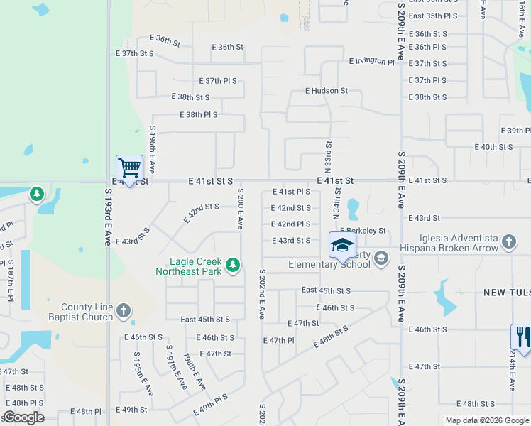 map of restaurants, bars, coffee shops, grocery stores, and more near 4124 South 202nd East Avenue in Broken Arrow