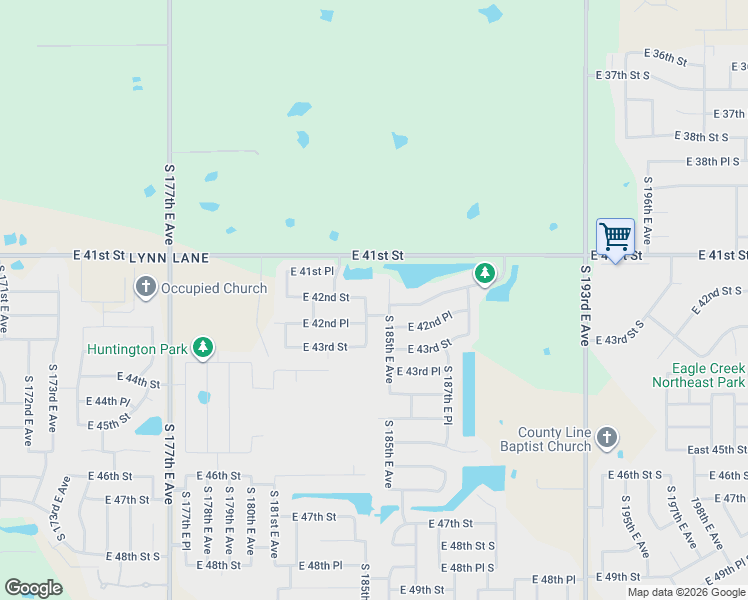 map of restaurants, bars, coffee shops, grocery stores, and more near 4116 South 185th East Avenue in Tulsa