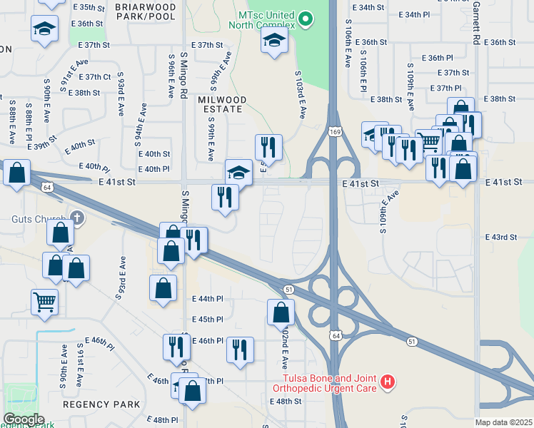 map of restaurants, bars, coffee shops, grocery stores, and more near 4102 South 103rd East Avenue in Tulsa