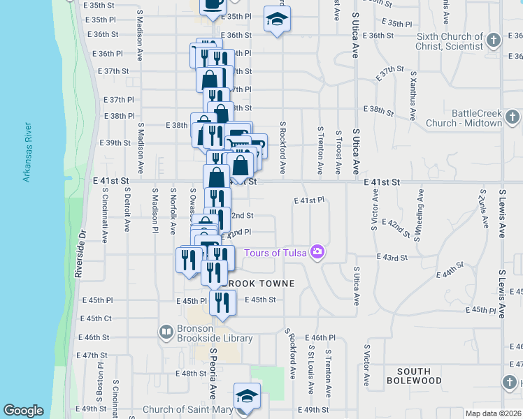 map of restaurants, bars, coffee shops, grocery stores, and more near in Tulsa