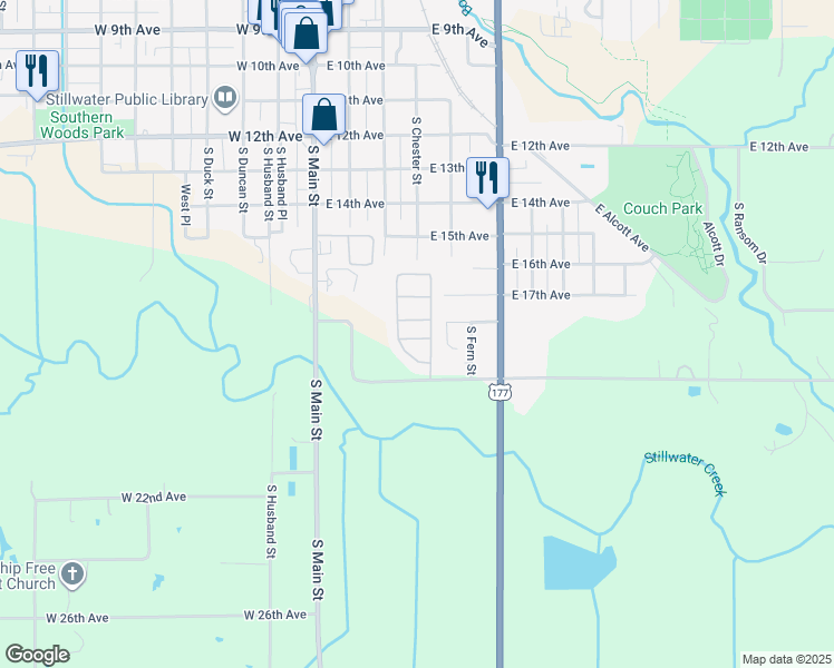 map of restaurants, bars, coffee shops, grocery stores, and more near 410 East 17th Avenue in Stillwater
