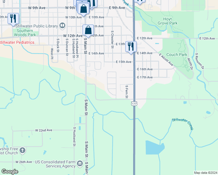 map of restaurants, bars, coffee shops, grocery stores, and more near 410 East 17th Avenue in Stillwater