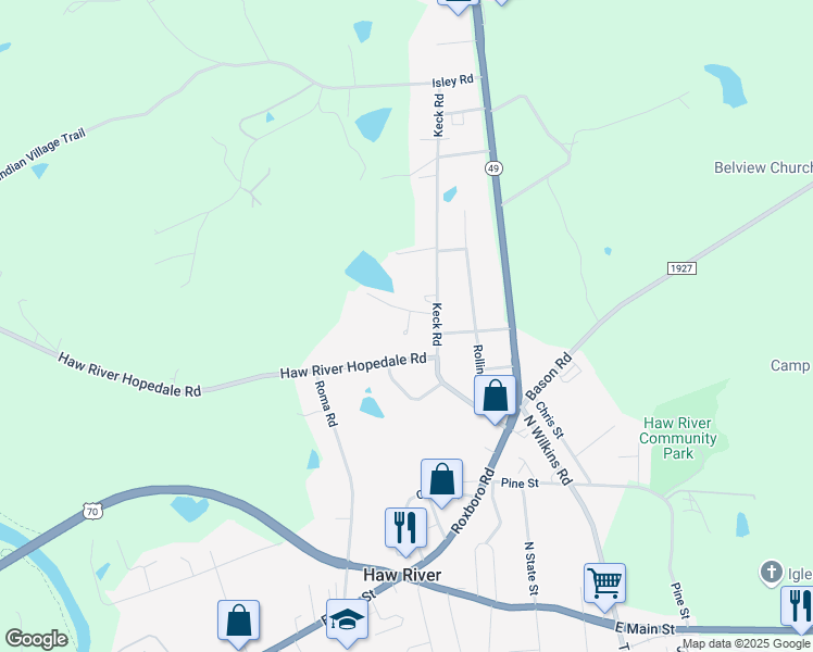 map of restaurants, bars, coffee shops, grocery stores, and more near 807 Sherri Drive in Haw River