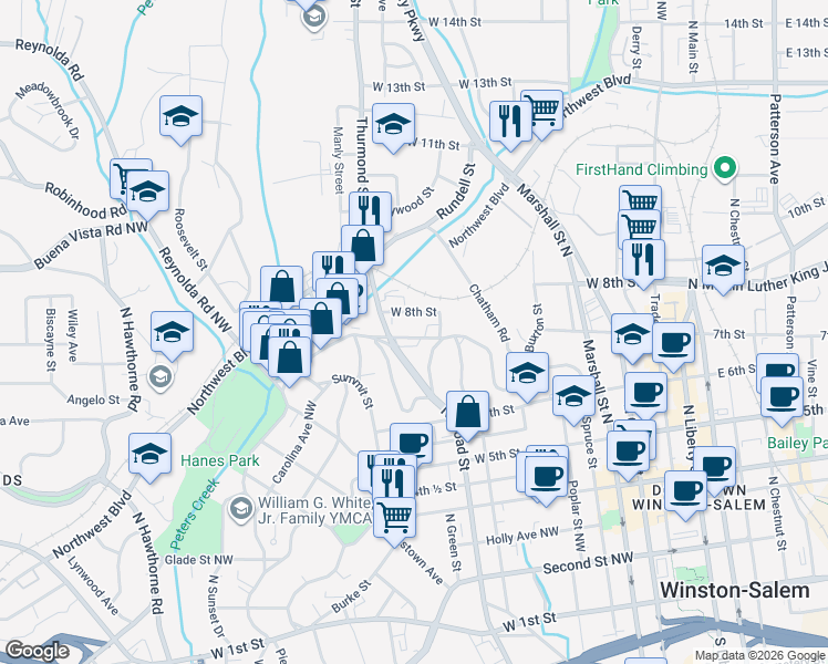 map of restaurants, bars, coffee shops, grocery stores, and more near 820 West 8th Street in Winston-Salem