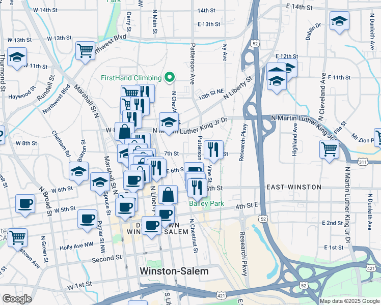 map of restaurants, bars, coffee shops, grocery stores, and more near 706 North Chestnut Street in Winston-Salem