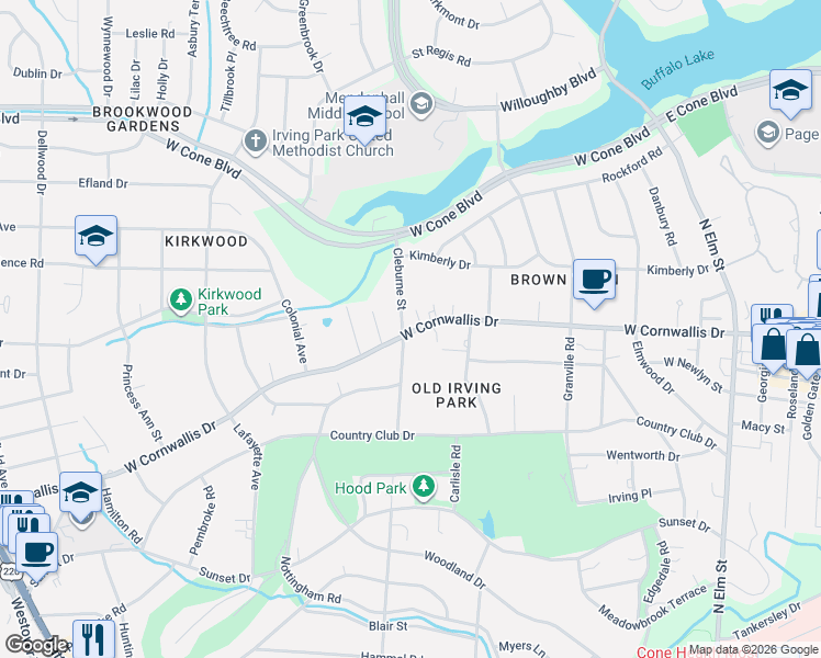 map of restaurants, bars, coffee shops, grocery stores, and more near 614 West Cornwallis Drive in Greensboro