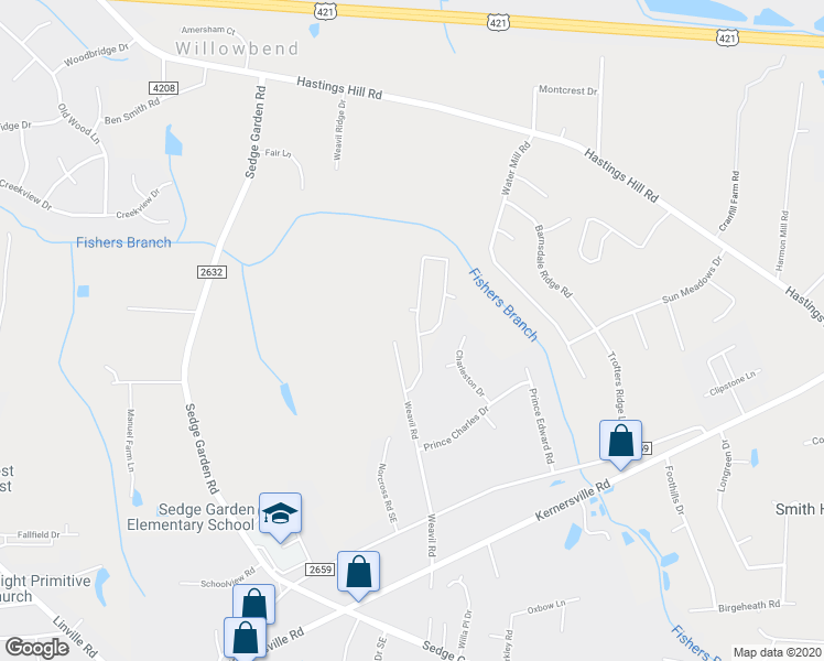 map of restaurants, bars, coffee shops, grocery stores, and more near 770 Peachtree Meadows Circle in Kernersville
