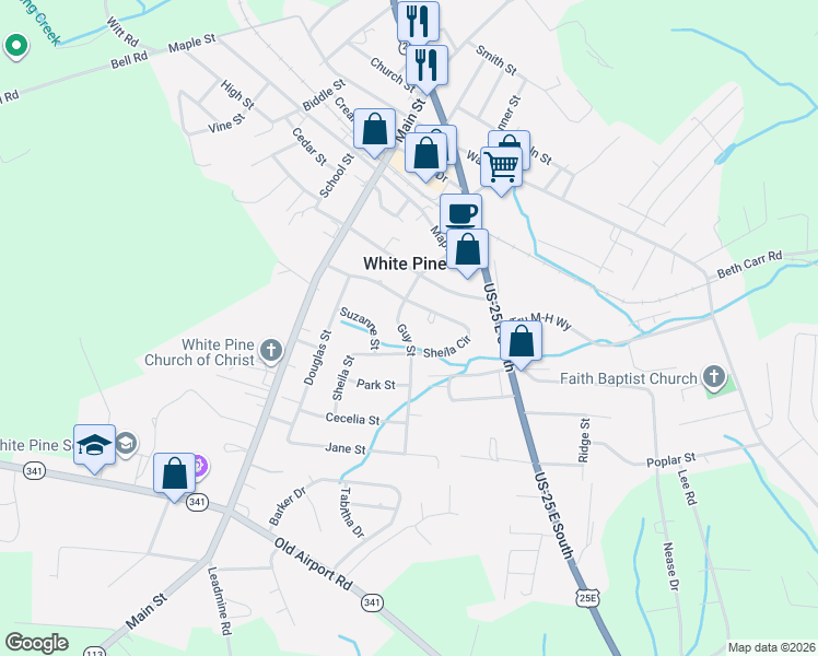 map of restaurants, bars, coffee shops, grocery stores, and more near 3315 Sheila Circle in White Pine