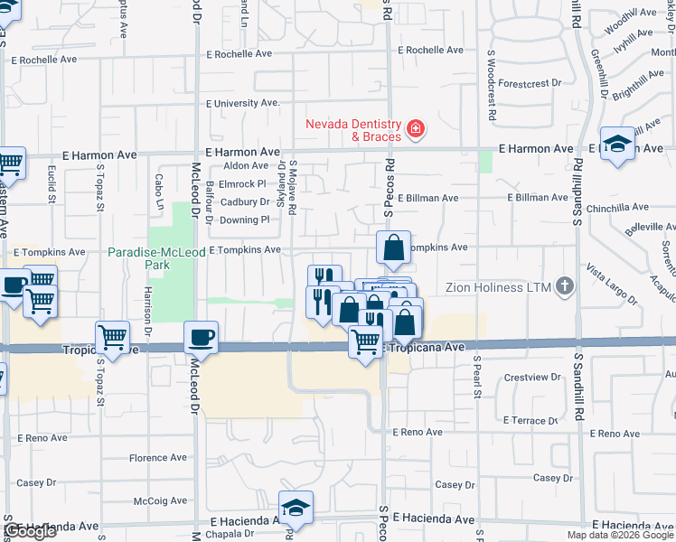 map of restaurants, bars, coffee shops, grocery stores, and more near 4746 Monaco Road in Las Vegas