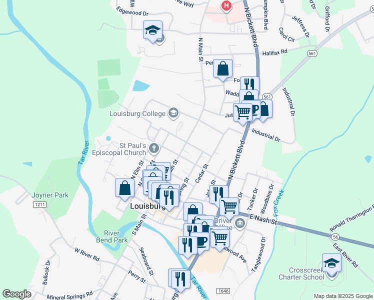map of restaurants, bars, coffee shops, grocery stores, and more near 406 North Main Street in Louisburg