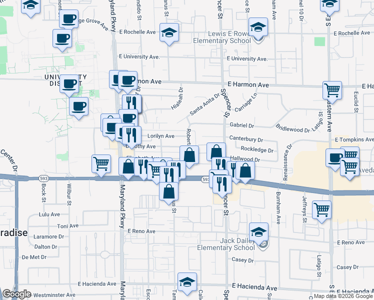map of restaurants, bars, coffee shops, grocery stores, and more near 4734 Roberta Street in Las Vegas