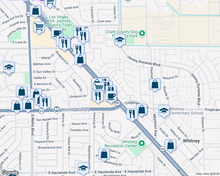 map of restaurants, bars, coffee shops, grocery stores, and more near 5507 Big Red Court in Las Vegas