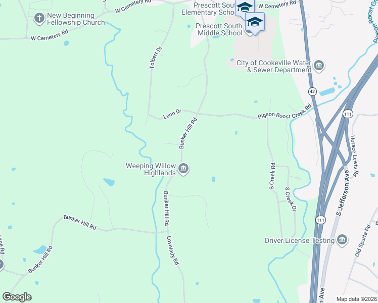 map of restaurants, bars, coffee shops, grocery stores, and more near 4160 Bunker Hill Road in Cookeville