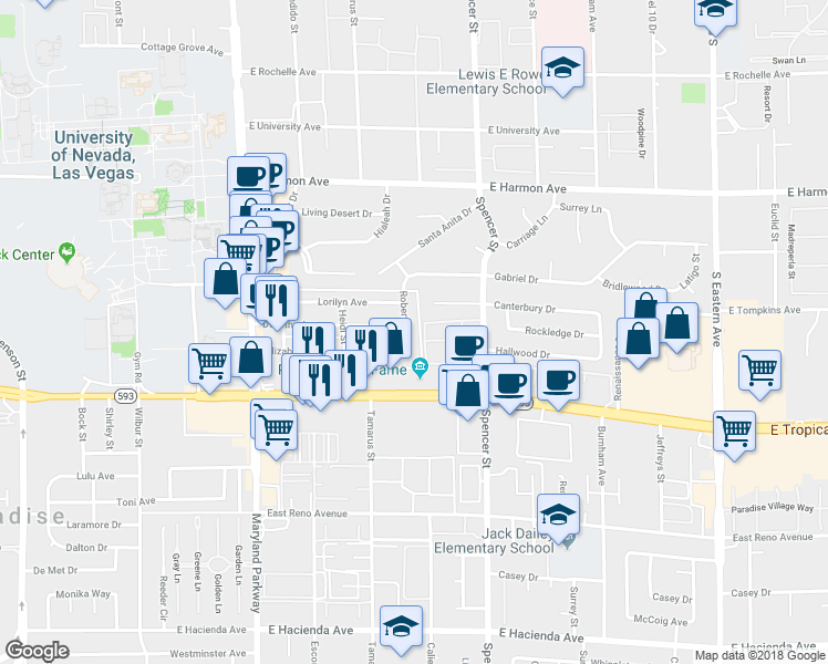 map of restaurants, bars, coffee shops, grocery stores, and more near 4782 Roberta Street in Las Vegas