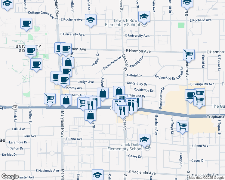 map of restaurants, bars, coffee shops, grocery stores, and more near 4801 Spencer Street in Las Vegas