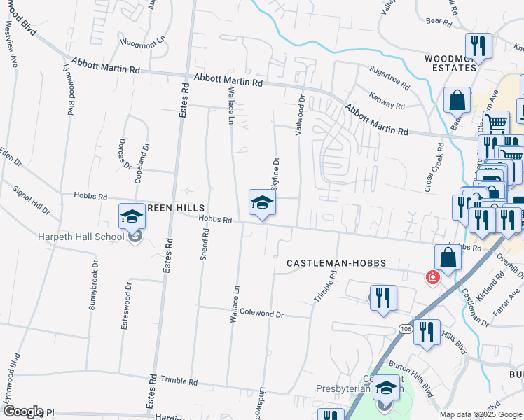 map of restaurants, bars, coffee shops, grocery stores, and more near 3500 Hobbs Road in Nashville