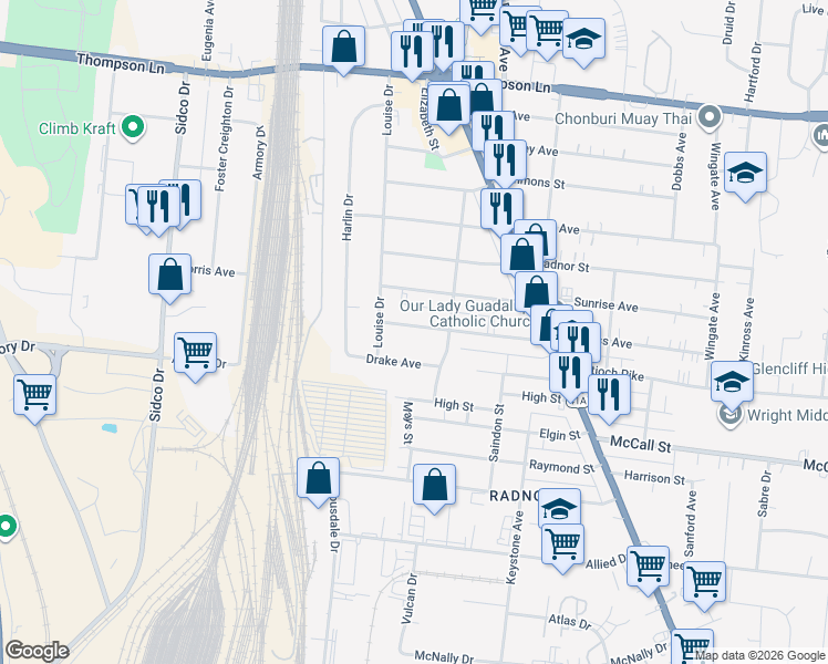 map of restaurants, bars, coffee shops, grocery stores, and more near 518 Patterson Street in Nashville