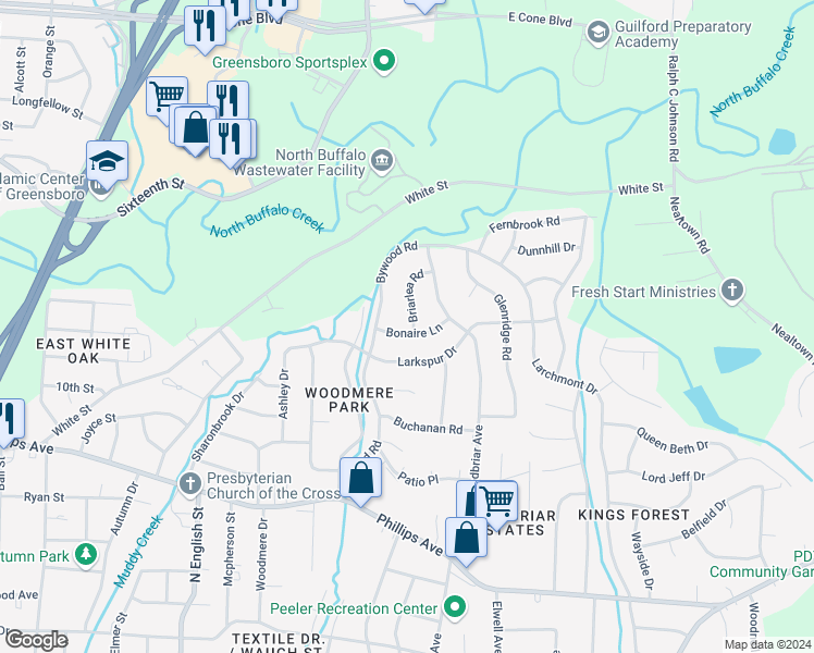 map of restaurants, bars, coffee shops, grocery stores, and more near 2309 Bonaire Lane in Greensboro