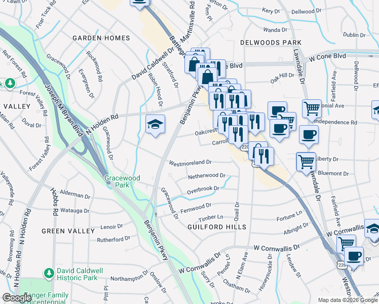 map of restaurants, bars, coffee shops, grocery stores, and more near 2301 Walters Street in Greensboro
