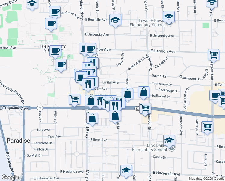map of restaurants, bars, coffee shops, grocery stores, and more near 1480 Dorothy Avenue in Las Vegas