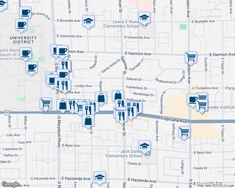 map of restaurants, bars, coffee shops, grocery stores, and more near 4801 Spencer Street in Las Vegas