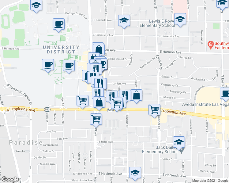 map of restaurants, bars, coffee shops, grocery stores, and more near 1390 Dorothy Avenue in Las Vegas