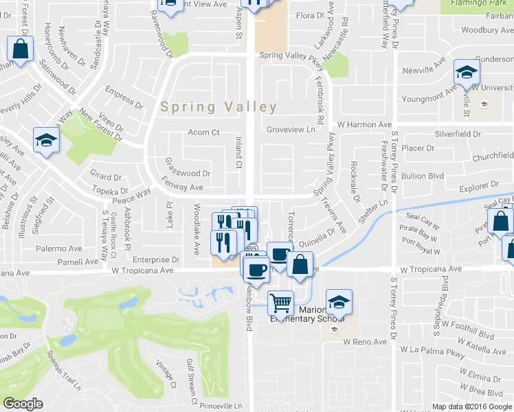 map of restaurants, bars, coffee shops, grocery stores, and more near 6841 Incline Avenue in Las Vegas