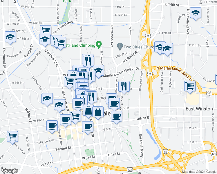 map of restaurants, bars, coffee shops, grocery stores, and more near 706 North Chestnut Street in Winston-Salem