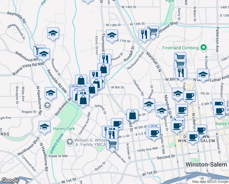 map of restaurants, bars, coffee shops, grocery stores, and more near 820 West 8th Street in Winston-Salem