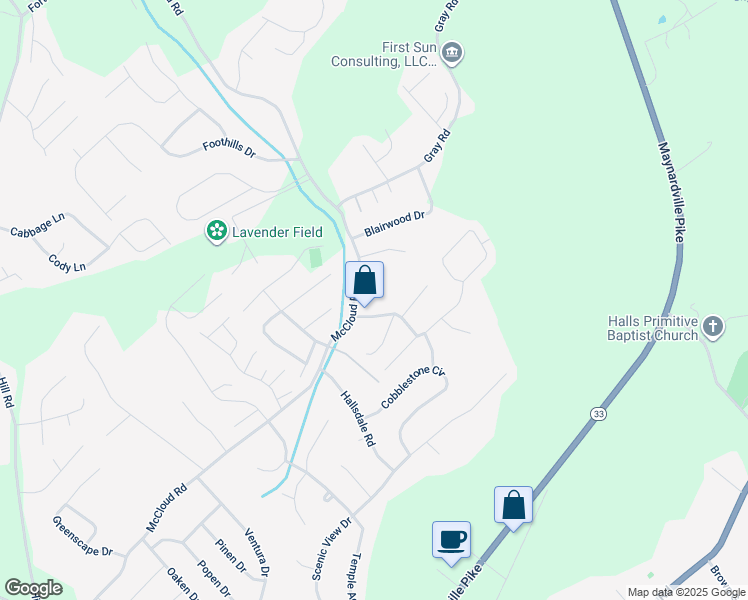 map of restaurants, bars, coffee shops, grocery stores, and more near 4525 Merissa Way in Knoxville