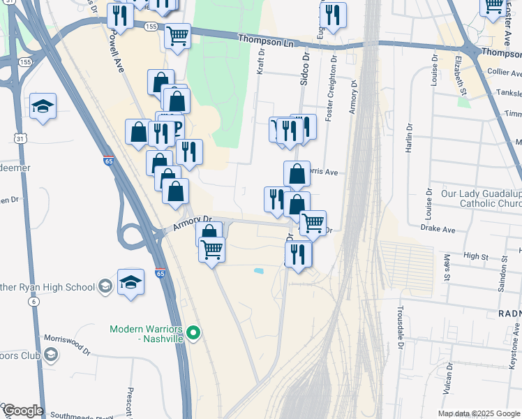 map of restaurants, bars, coffee shops, grocery stores, and more near 3011 Armory Drive in Nashville