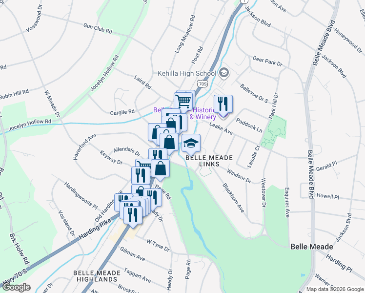 map of restaurants, bars, coffee shops, grocery stores, and more near 5133 Harding Pike in Nashville