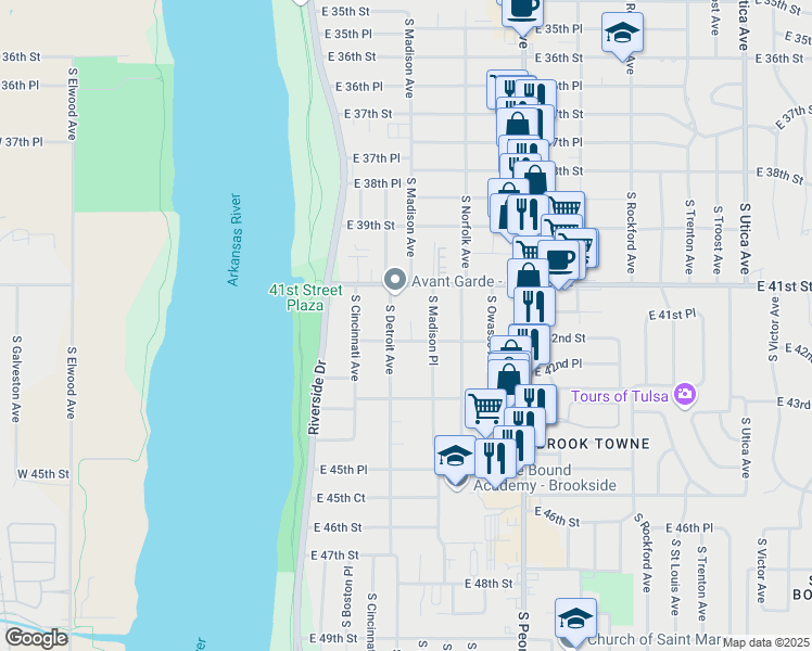map of restaurants, bars, coffee shops, grocery stores, and more near 4119 South Detroit Avenue in Tulsa