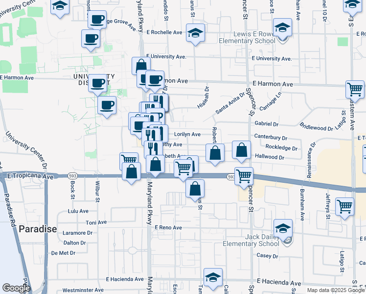 map of restaurants, bars, coffee shops, grocery stores, and more near 1407 Dorothy Avenue in Las Vegas