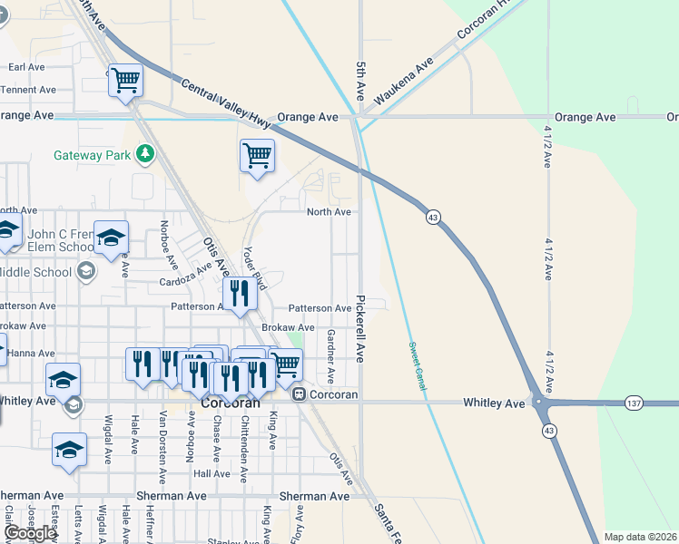map of restaurants, bars, coffee shops, grocery stores, and more near 721 Gardner Avenue in Corcoran