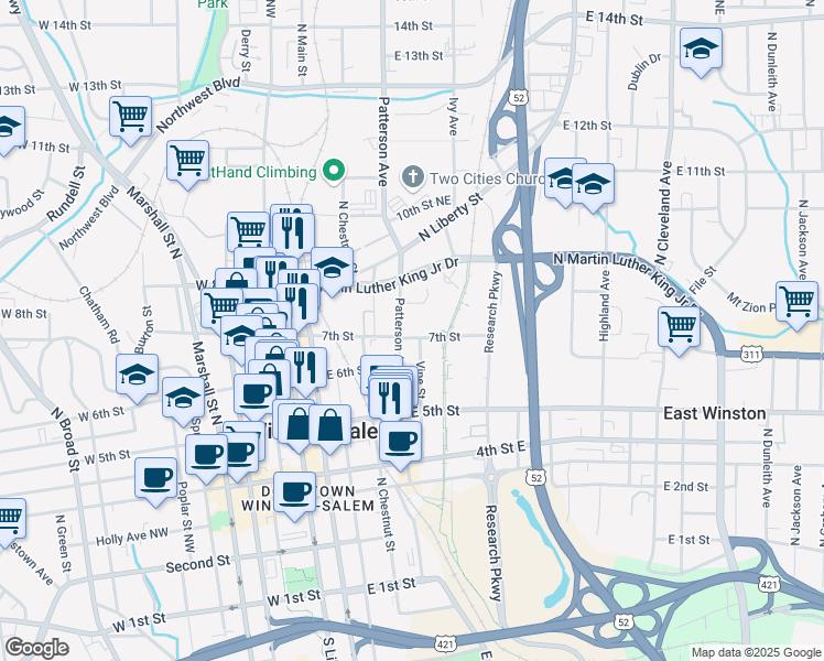 map of restaurants, bars, coffee shops, grocery stores, and more near 311 7th Street in Winston-Salem