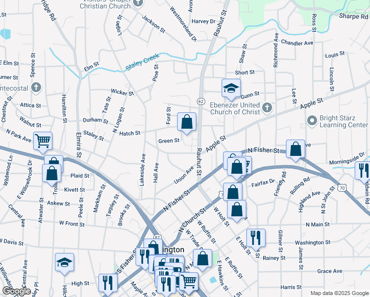 map of restaurants, bars, coffee shops, grocery stores, and more near 318 Apple Street in Burlington