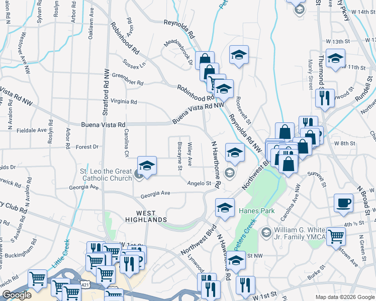 map of restaurants, bars, coffee shops, grocery stores, and more near 444 Wiley Avenue in Winston-Salem