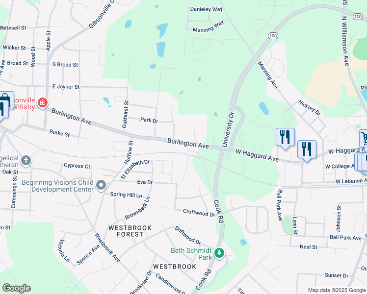 map of restaurants, bars, coffee shops, grocery stores, and more near 957 Burlington Avenue in Gibsonville