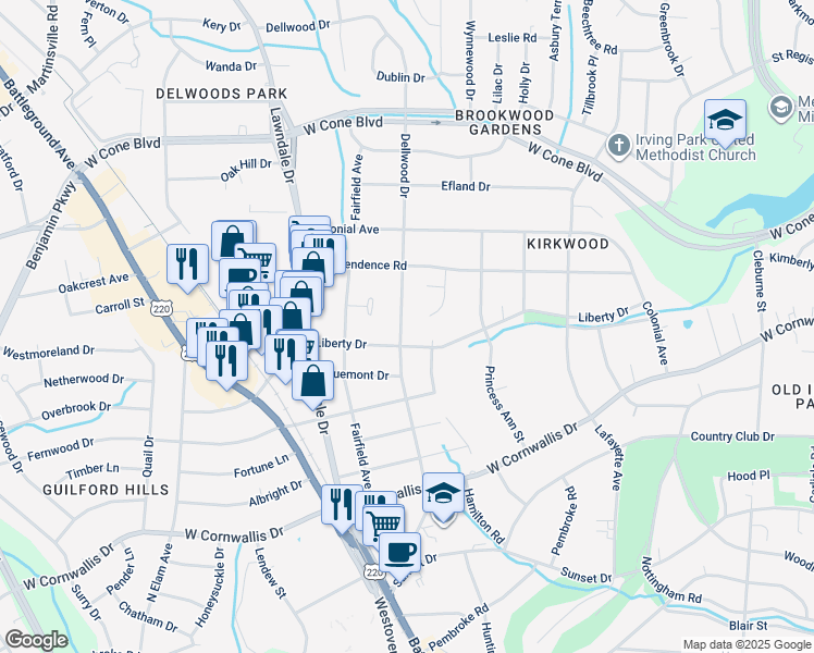 map of restaurants, bars, coffee shops, grocery stores, and more near 2406 Dellwood Drive in Greensboro