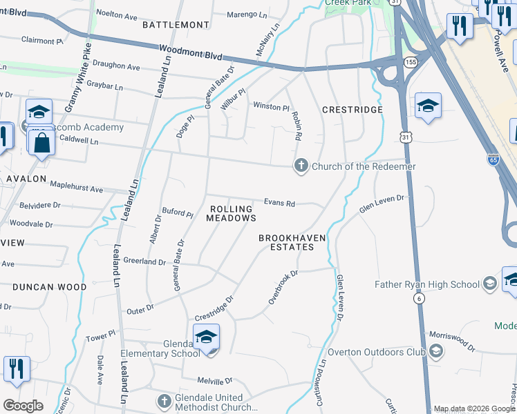 map of restaurants, bars, coffee shops, grocery stores, and more near 932 Evans Road in Nashville